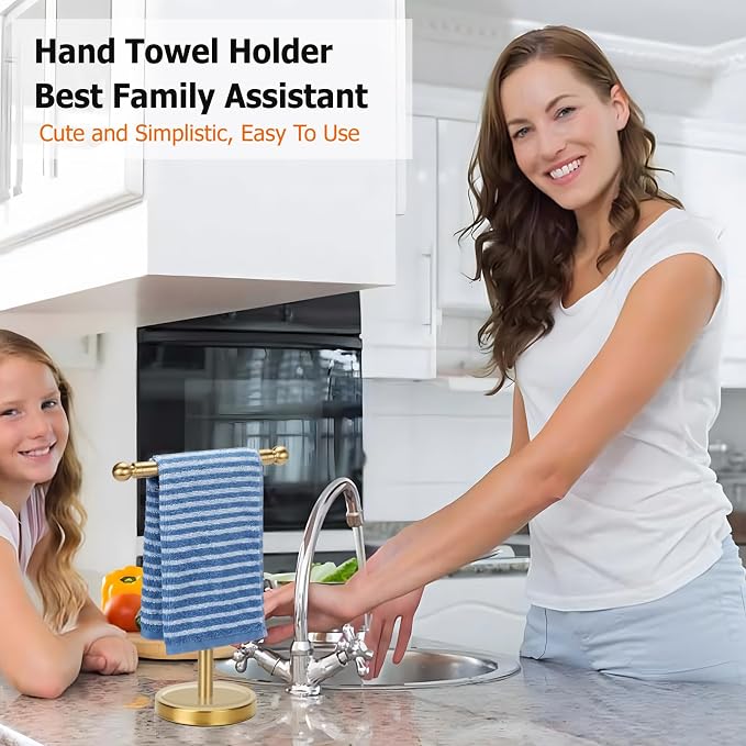 Hand Towel Holder, T-Shape Hand Towel Stand for Bathroom, Hand Towel Rack Bar Standing for Vanity Kitchen Countertop (Gold, Stainless Steel)