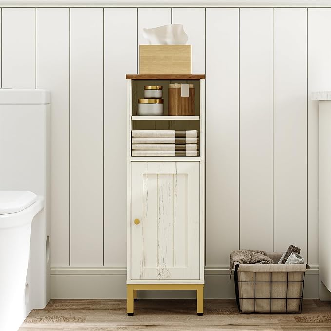 Hzuaneri Bathroom Storage Cabinet, Corner Floor Cabinet with Shelves, Customized Door Opening Direction, Bathroom Organizer with Adjustable Shelf for Kitchen, Living, Toilet Paper Cabinet, White Brown
