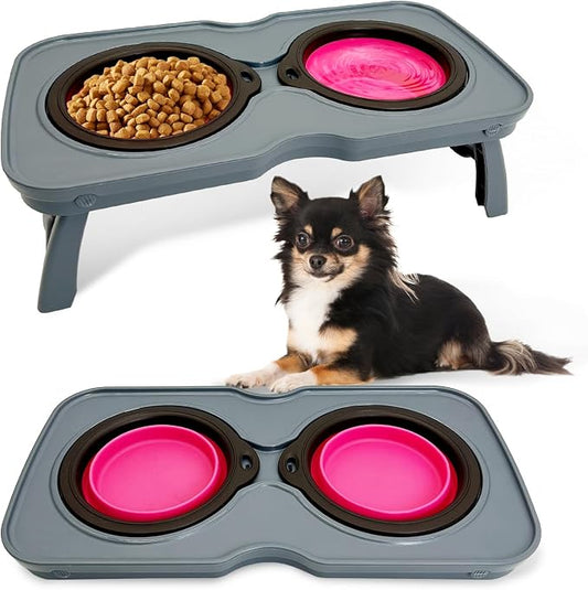 PINVNBY Elevated Dog Bowls Portable Raised Dog Bowl Stand with 2 Collapsible Silicone Food Bowl Non-Slip Travel Bowls for Small Dogs and Cats (14.6" L x 3.9" W x 3.9" H)