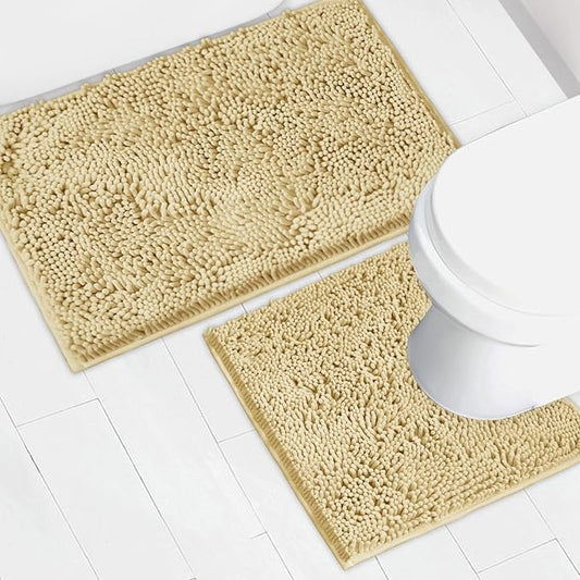 Bathroom Rugs Chenille Bath mat 2 Piece Set, Super Absorbent, Strong PVC Non Slip Backing, Bath mats for Bathroom, Plush Shaggy, Thick, Machine Washable, Bathtub, Shower, Toilet.(Beige)