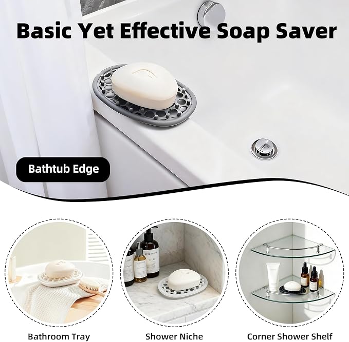 2 Pack Soap Dish for Shower, Non-Slip Silicone Bar Soap Holder with Efficient Drainage Holes for Bathroom Sink, Self Draining Soaps Saver Pad for Shower Niche, Shelf (Gray- 2Pcs)