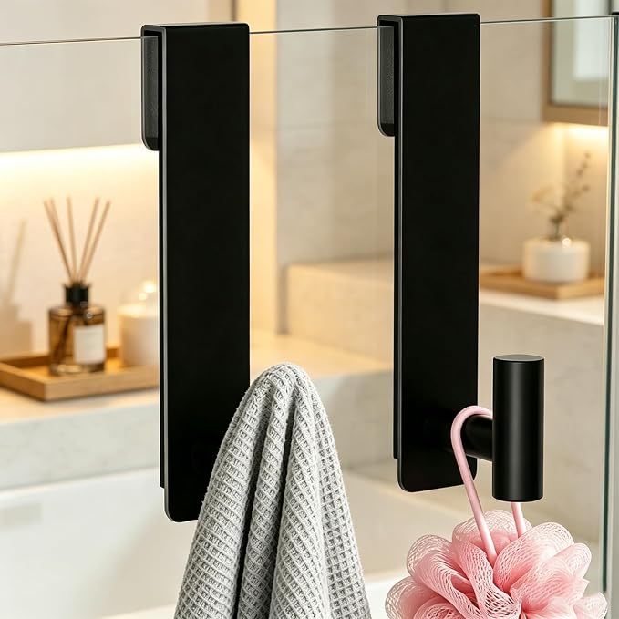 HUFEEOH Shower Towel Hooks, 7.5-Inch Extended Over Glass Shower Door Hanger for Towels & Robes, Rustproof Bathroom Towel Rack, 2-Pack (Black, T Shape)