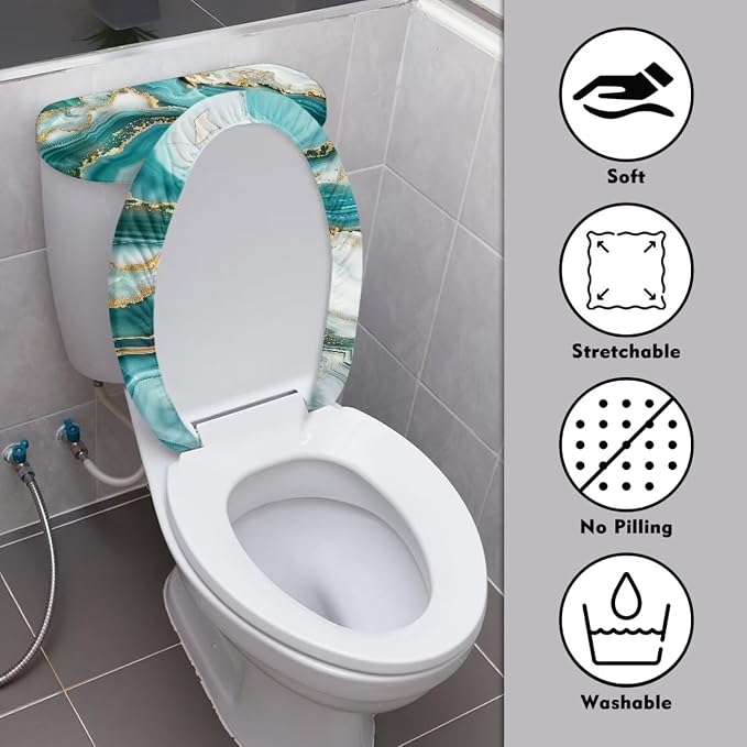 Green Marble Toilet Lid Cover Set of 2 Pack Tank Lid Covers Soft Fit Most Round and Elongated Keep Bathroom Clean