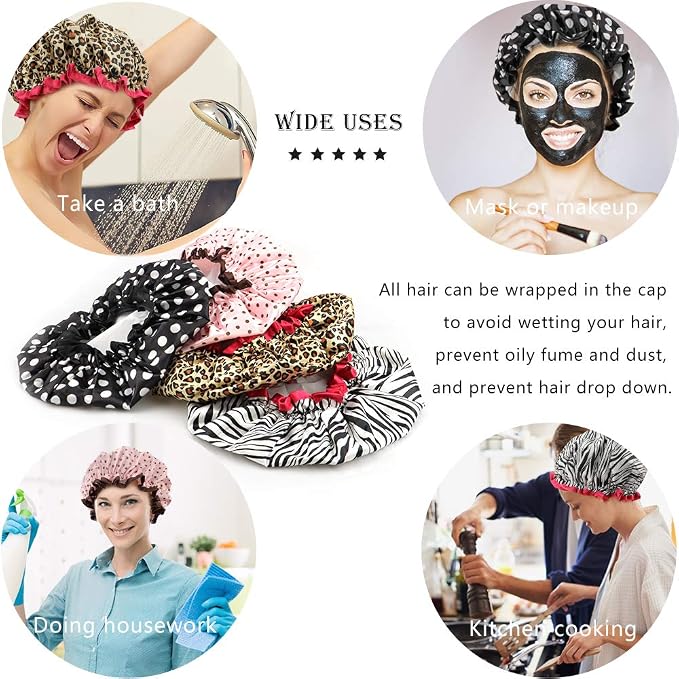 4 Pcs Shower Cap for Women Double Waterproof Layers Reusable Elastic | Elastic, Reusable, Environmental Protection, Double Waterproof Layers