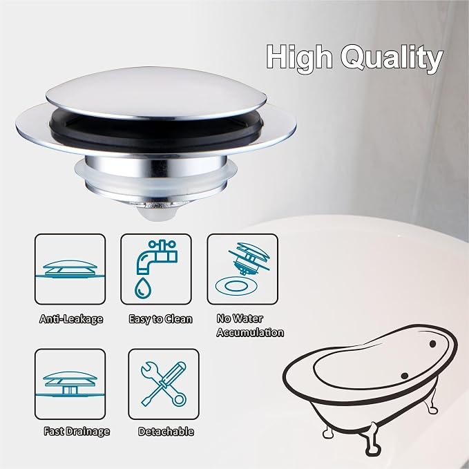 WELSAN Chrome Bathtub Drain Stopper, Universal Pop Up Tub Drain Stoppers Replacement Tip Toe and Lift and Turn with 2-Hole Overflow Face Plate Cover, EZ Bathtub Plug