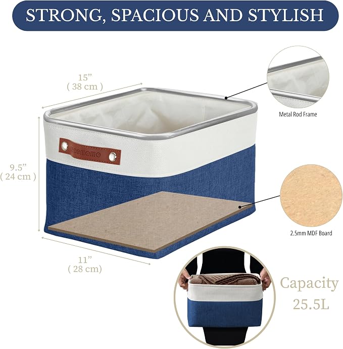 DECOMOMO Storage Bins, Large Fabric Storage Baskets for Shelves, Decorative Linen Closet Organizer, 15 x 11 x 9.5 inches (Navy Blue & White, 3 Pack)
