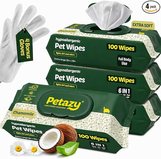 Pet Wipes for Dogs & Cats - Paws, Ears & Butt Cleaning, 400 Count | Chamomile, Hypoallergenic for Sensitive Skin, XL, Extra Thick, Tear-Resistant, Deodorizing, Aloe & Coconut Oil, 4 Glove Wipes