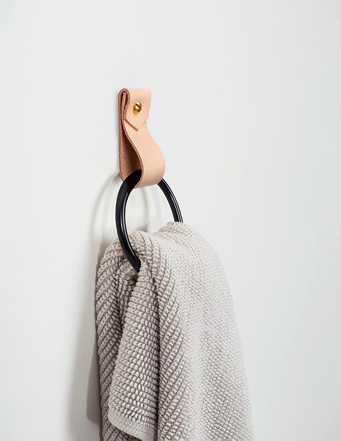 Small Leather Wall Hook, Black Towel Ring wall Hanging Strap Towel Hook for wall Leather Loop Strap Holder Minimal Towel bar Rack Storage Modern Bathroom Hand Towel Holder