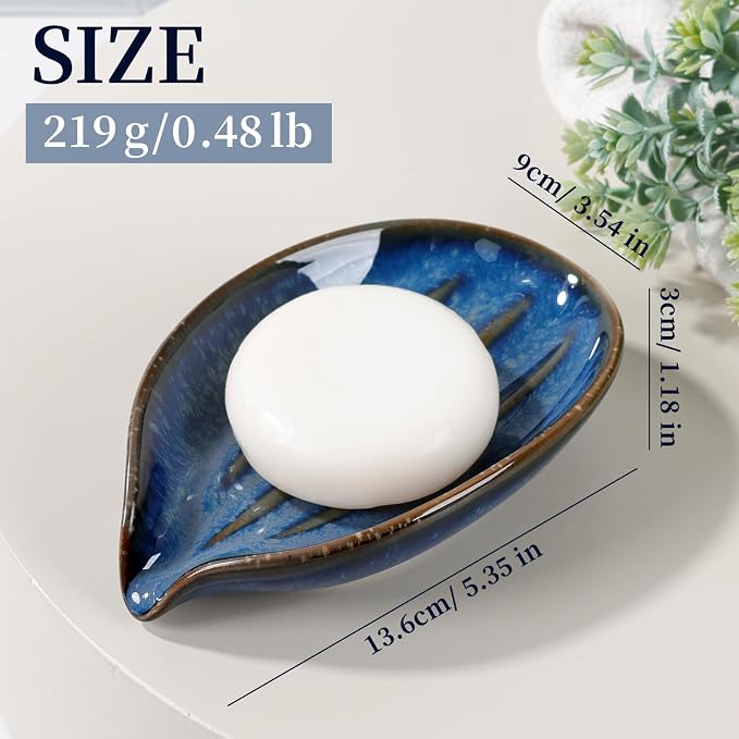 Soap Dish, Self-Draining Soap Holder, Leaf Shape Ceramic Bar Soap Holder Drain Soap Dishes for Bathroom Sink Kitchen, Easy to Clean Keeps Soap Dry, Blue, ANTIS'S HOME