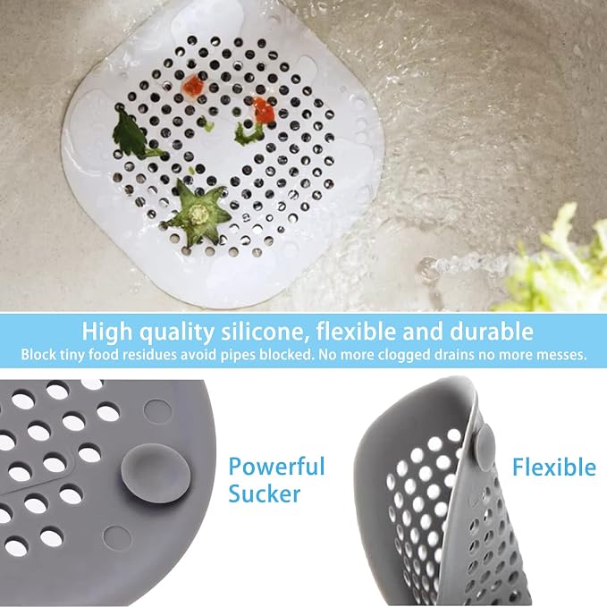 4 Pack Drain Hair Catcher Durable Silicone Hair Stopper Shower Drain Covers Easy to Install and Clean Suit for Bathroom Bathtub and Kitchen (Square Grey 4Pack)