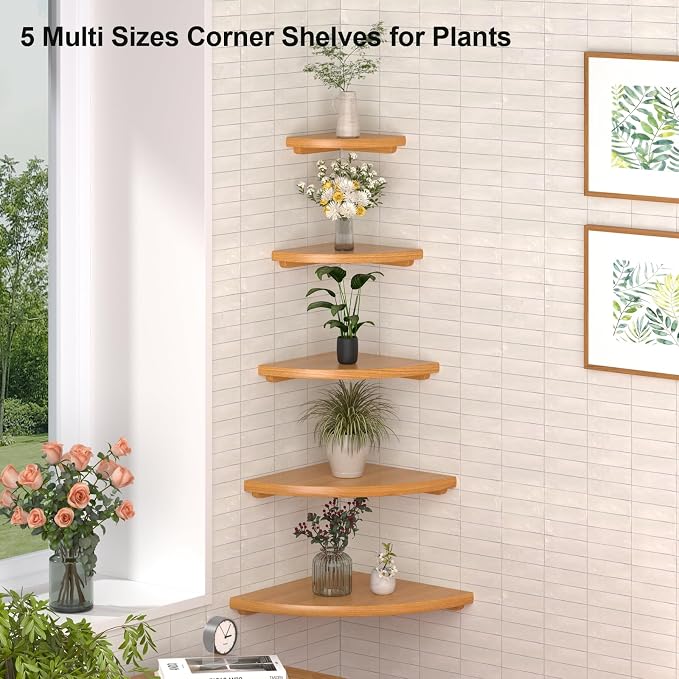 Gieanoo Floating Corner Shelves for Wall Set 2 7inch Solid Oak Rounded Corner Shelves Wall Mounted with Cable Hole Wood Corner Hanging Shelves for Living Room Bedroom Bathroom Kitchen