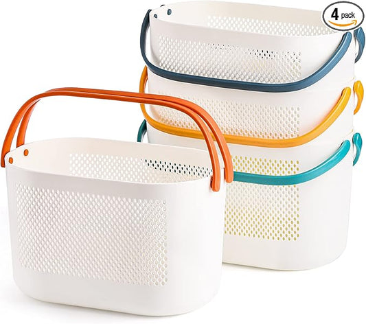 AVLA 4 Pack Portable Shower Caddy Basket, Plastic Storage Baskets with Handles, Drainage Toiletry Organizer Bin, Dorm Shower Tote Bag for Bathroom, Kitchen, Closet, Bedroom, College, Gym, Camp