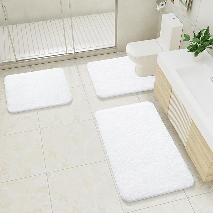 LOCHAS Bathroom Rugs Sets 3 Piece, Microfiber Bath Mat Set Non Slip, White | Washable Absorbent Toilet Rug, Shaggy Soft Cozy Quick Dry