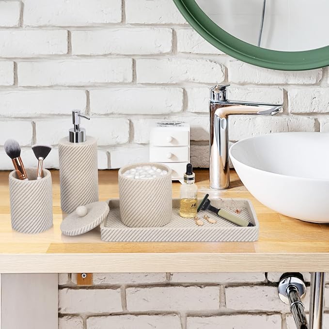 Beige Bathroom Accessories Set 4 Pcs - Toothbrush Holder,Lotion Soap Dispenser,Qtip Holder Dispenser,Vanity Tray for Countertop Vanity Organizer,Bathroom Accessory Set