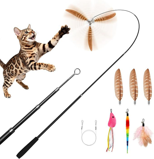 Potaroma Cat Wand Toy, Retractable Carbon Fiber Feather Teaser with Bells | 6 Detachable Attachments Included, Extends to 60 Inches, Ultra Lightweight Rod, Interactive Kitten Exercise & Hunting Play