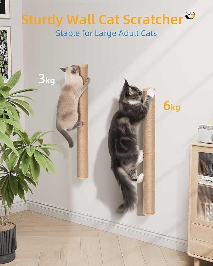 Aechonow 68" Wall Mounted Cat Scratcher,2Pcs of 34in Sisal Scratching Posts | Wood Cat Wall Scratcher,Cat Wall Furniture for Indoor Cats,Cat Wall Climber, Natural Sisal,Tall & Sturdy Corner Climbing Pole