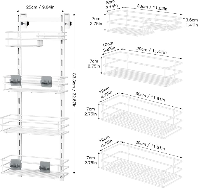 Orimade Over The Door Shower Caddy Adjustable 4 Tier White,Bathroom Hanging Organizer Shelf Rustproof with 4 Hooks,Shower Basket with Soap Holder and Suction Cup