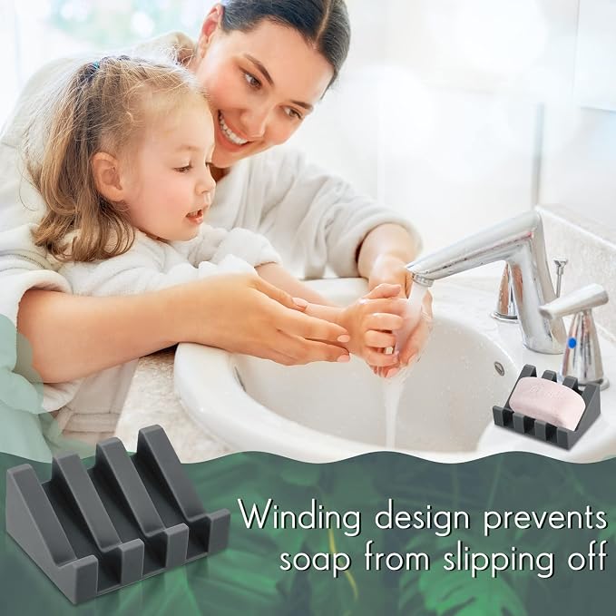 Cunhill 2 Pieces Silicone Soap Dish Self Draining Soap Dish Shower Waterfall Bar Soap Holder Tray with Drain Soap Saver for Kitchen Bathroom Accessories (Dark Grey)