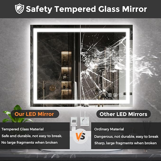 Koonmi 32x30 LED Bathroom Mirror with Light, Anti-Fog, 3 Colors | Backlit + Front Lit, Dimmable Brightness, Shatterproof HD Distortion-Free Tempered Glass, Hardware Included