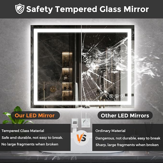 Koonmi 48x30 LED Bathroom Mirror with Light, Anti-Fog, 3 Colors | Backlit + Front Lit, Dimmable Brightness, Shatterproof HD Distortion-Free Tempered Glass, Hardware Included