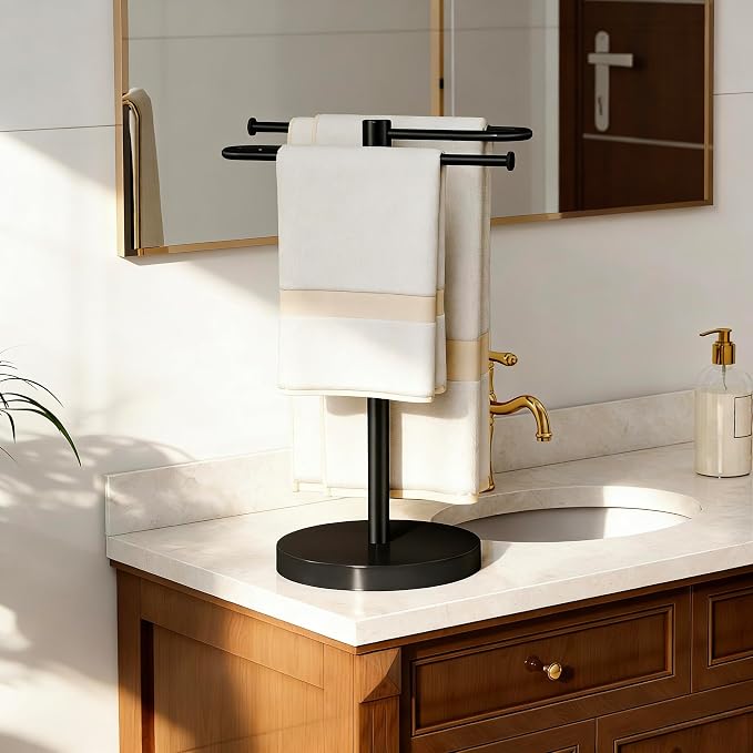 Bethom Hand Towel Holder for Bathroom Countertop, Weighted Base, Black | Stainless Steel 15.2 Inch Hand Towel Stand, S-Shape Towel Racks Holds 2 Towels