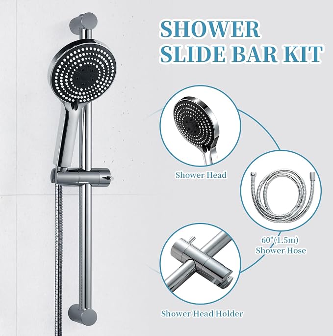 OFFO Shower Slide Bar Combo, Adjustable 27 in Slide Bar with 6-Mode High Pressure Handheld Shower Head and 60 in Stainless Steel Hose, Screw Wall Mounted, Chrome