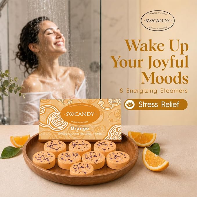 SWCANDY Orange Shower Steamers 8 Pack, Home Spa Self Care | Bright citrus aromatherapy with natural essential oils shower gift for women, men, wife & husband.