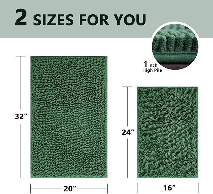 BOANKODU Bathroom Rugs Sets 2 Piece, Extra Soft Chenille Bath Mat Absorbent Bathroom Rug, Bathroom Mat with PVC Non-Slip Bottom, Machine Washable Bath Rugs (32x20 Inch + 24x16 Inch, Dark Green)