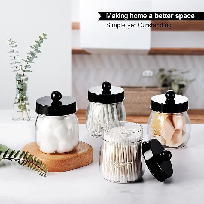 SheeChung 4 Pack Acrylic Mason Jar Qtip Holder Dispenser with Labels, Black | Small Plastic Apothecary Jars,Vanity Canisters for Cotton Swabs,Balls,Floss Picks,Bathroom Storage Organizers,Farmhouse Decor