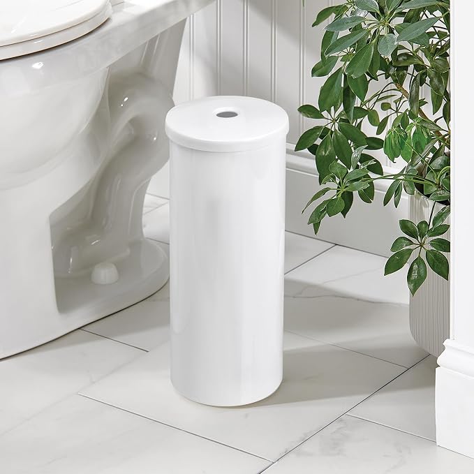 iDesign Freestanding Toilet Paper Canister with Lid, White | For 3 Extra Rolls, Made in USA