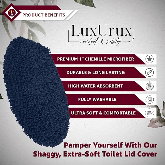 LuxUrux Toilet Lid Cover with Stretch Fit Elastic Band – Chenille Microfiber Toilet Seat Non-Slip Cover for Bathroom – Soft Plush, Machine Wash And Dry, Comfort & Clean Look (18x18'', Navy)
