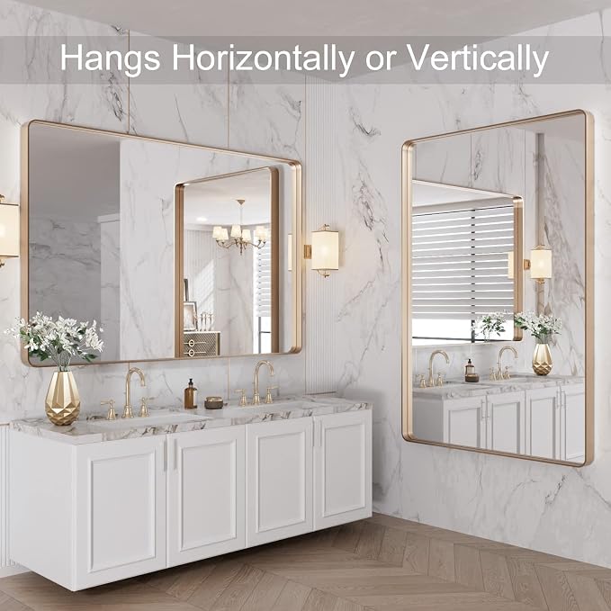 LOAAO 48"X32" Gold Bathroom Mirror | Rounded Rectangle, Brushed Gold Frame, Wall-Mounted, Anti-Rust, Tempered Glass, Hangs Horizontally or Vertically