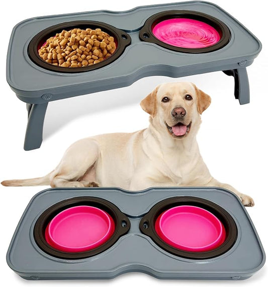 PINVNBY Elevated Dog Bowls Portable Raised Dog Bowl Stand with 2 Collapsible Silicone Food Bowl Non-Slip Travel Bowls for Medium Dogs and Cats (16.9" L x 7.9" W x 5.1" H)