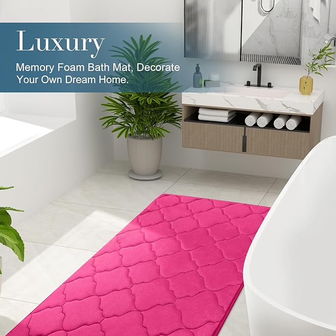 OLANLY Memory Foam Bath Mat Rug 59x20, Ultra Soft Bathroom Rugs, Deep Pink | Thick Absorbent Carpet, Non-Slip Backing, Machine Washable, for Bathroom Floor, Tub, Shower and Home Decor Accessories