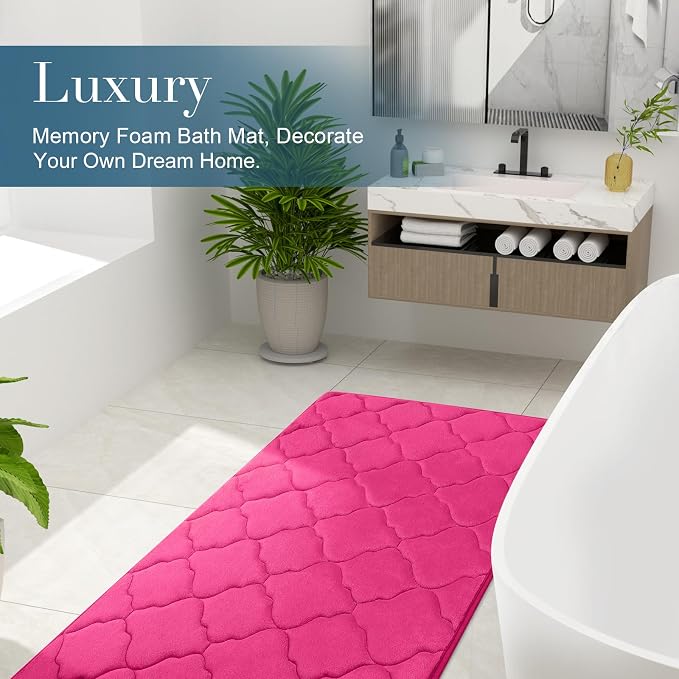 OLANLY Memory Foam Bath Mat Rug 44x24, Ultra Soft Bathroom Rugs, Deep Pink | Thick Absorbent Carpet, Non-Slip Backing, Machine Washable, for Bathroom Floor, Tub, Shower and Home Decor Accessories