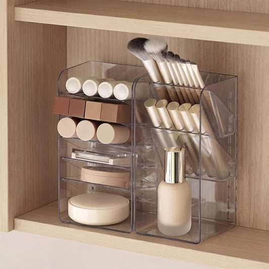 PAVSTINE 2-Pack Medicine Cabinet Organizer with Adjustable Dividers, Clear Vertical Layered Backward Slanting Shelves, Space-Saving, for Makeup Brush/Lip Gloss/Mascara Storage