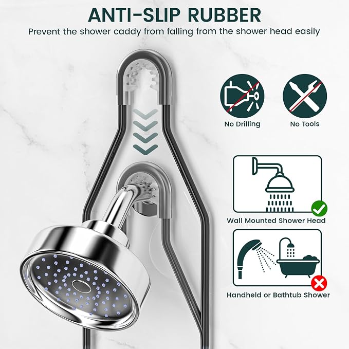 REINHARDT Adjustable Shower Caddy Hanging Rustproof Shower Organizer, Black | Extra Long, No Drilling, Anti-Slip, Shower Caddy Over Showerhead, Fast Draining, Soap Holder, 12 Hooks, Bathroom Accessories