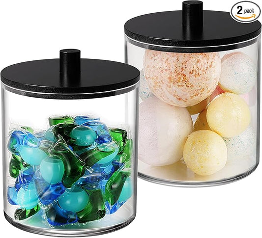 SheeChung 2 Pack 50oz Matte Black Bamboo Lid Apothecary Jar, Modern Laundry Pods Container, Industrial Organization & Storage Jar, Shatterproof Plastic Canister for Scent Beads with Stickers & Spoon