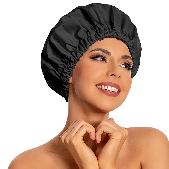 Edoneery Shower Caps for Women Reusable Waterproof, Shower Hair Cap | Washable Bonnet, Wide Elastic Band, Large Fit, Holds Long Hair, Braids Friendly, Bath Accessories, Spa, Travel
