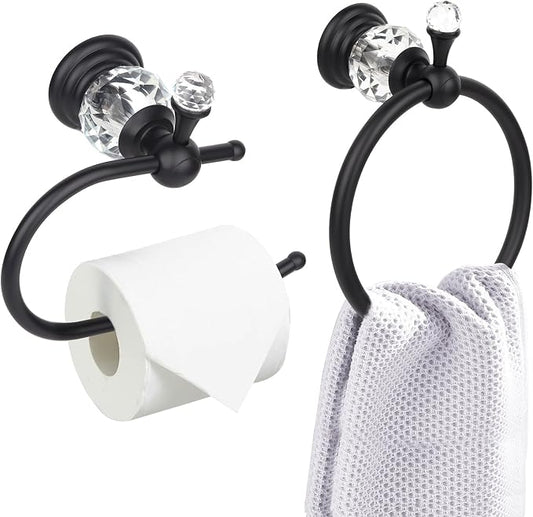 2 Pieces Sets Black Crystal Series Toilet Paper Holder Wall Mouted Towel Ring, Gold Round Hand Towel Rack Decorative for Bathrooms
