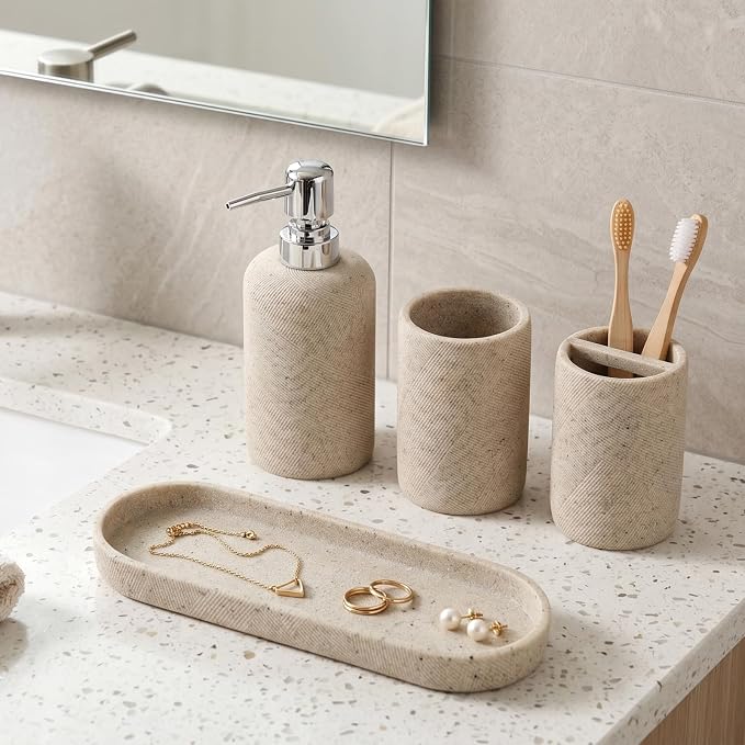 Bathroom Accessories Set,4 PCS Bathroom Organizer,Sand Stone Look,Beige | Simple, Modern Decor, Twill, With 10OZ Soap Dispenser and Toothbrush Holder, Tumbler, Vanity Tray for Bathroom Countertop