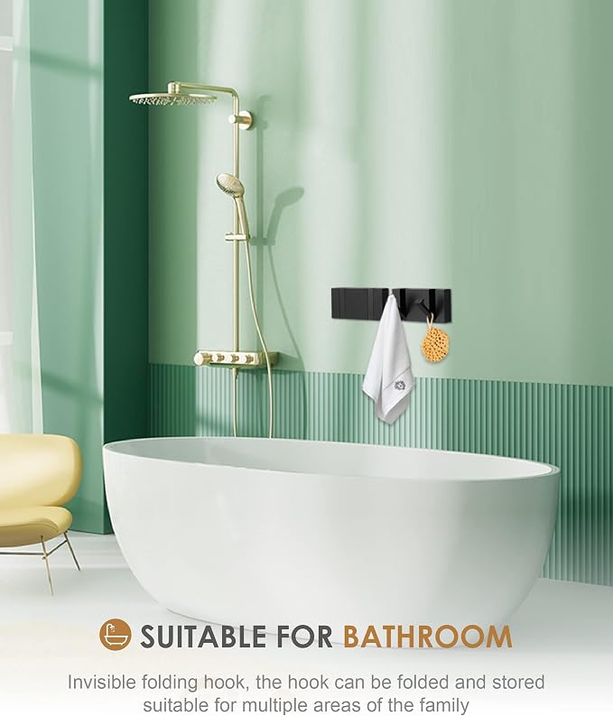 2 Pack，Waterproof Black Towel Hooks，Foldable Towel Hooks for Bathrooms，Modern Coat Hooks，Black Robe Hooks，Bathroom Modern Hooks，Free Perforated，Bathroom Towel Hooks，Towel Door Hooks，Also for Kitchen.