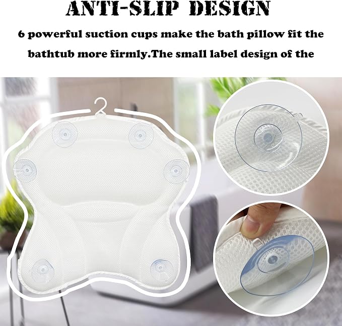 Bath Pillow Spa Bathtub Ergonomic for Tub, Neck, Head, Shoulder Pillows Support Cushion Headrest,Strong Grip Suction Cups Soaking and Luxury Soft 4D Mesh