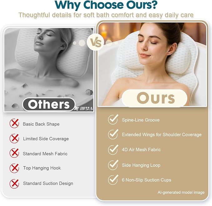 Bath Pillows for Tub, Bathtub Pillow for Head & Neck, Spine-Line Groove | Extended Wings | Spine-Line Groove | Extra Thick Headrest | Quick-Dry 4D Air Mesh | 6 Non-Slip Suction Cups | Laundry Bag