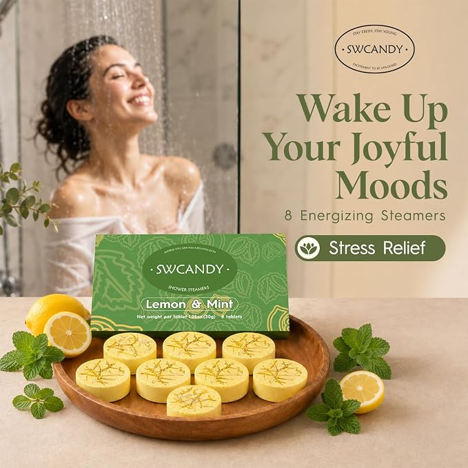 SWCANDY Lemon & Mint Shower Steamers 8 Pack, Home Spa Self Care | Crisp citrus-mint aromatherapy with natural essential oils shower gift for women, men, wife & husband.
