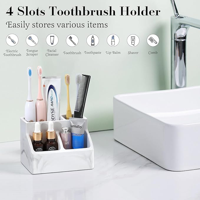 Luxspire Diatomite Toothbrush Holder, 4 Slots, Marble White | Fast Drying, Diatomaceous Earth, Electric Tooth Brush and Toothpaste Organizer, For Bathroom Kitchen Vanity Countertop