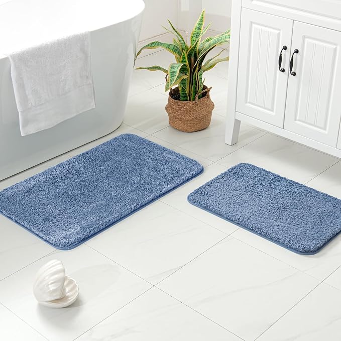 MIULEE Blue Bathroom Rugs Set 2 Piece Soft Bath Mats 16x24+20x30 Inch | Soft Absorbent Microfiber Bath Rugs, Non Slip, Quick Dry, Fluffy Bath Rugs for Bathroom Floor Tub Showers, Machine Washable
