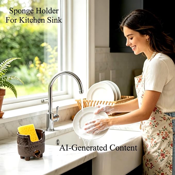 Ceramic Sponge Holder with Drainage, Vintage Sink Caddy | Self-Draining Organizer for Sponge, Soap & Brush, Handmade Kitchen Countertop Decor (Rust Reactive Glaze)
