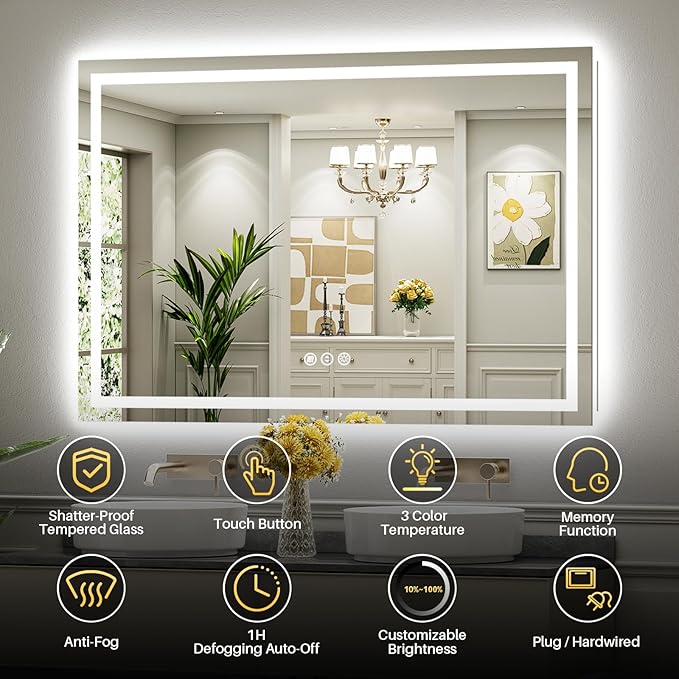 60x40 LED Bathroom Mirror, Dual Lit Anti-Fog Wall Vanity Mirror | 3 Color Dimmable, Memory Function, HD Reflection Tempered Glass, ETL Listed, IP54 Waterproof