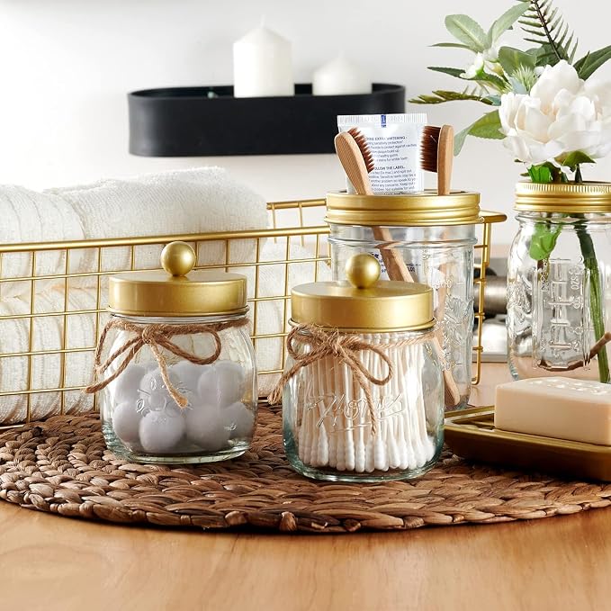 SheeChung Small Glass Mason Jar Qtip Holder with Gold Stainless Steel Lid | Clear Apothecary Jar Canisters Set,Bathroom Jar Dispenser,Vanity Storage Organizer for Cotton Swab,Ball,Floss,Farmhouse Decor